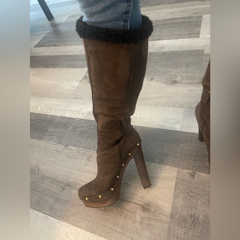Gucci brown suede, Sherpa lined knee-high boots + wood platform stiletto.